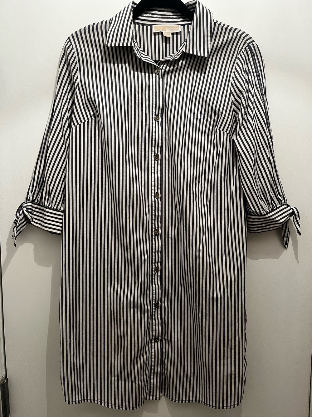 Michael Kors Black and White Cotton Striped 3/4 Sleeve Shirt Dress